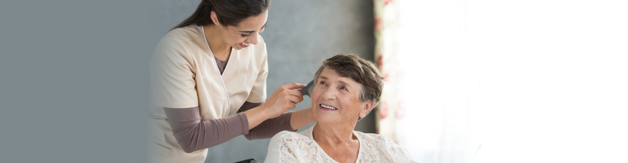 Energetic volunteer brushing pensioner's hair